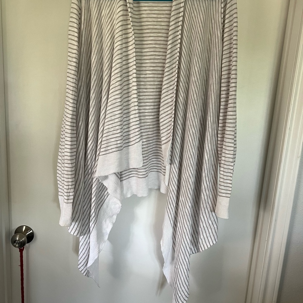 Eileen Fisher Light Gray and White Striped Open-Front Cardigan - Picture 3 of 5